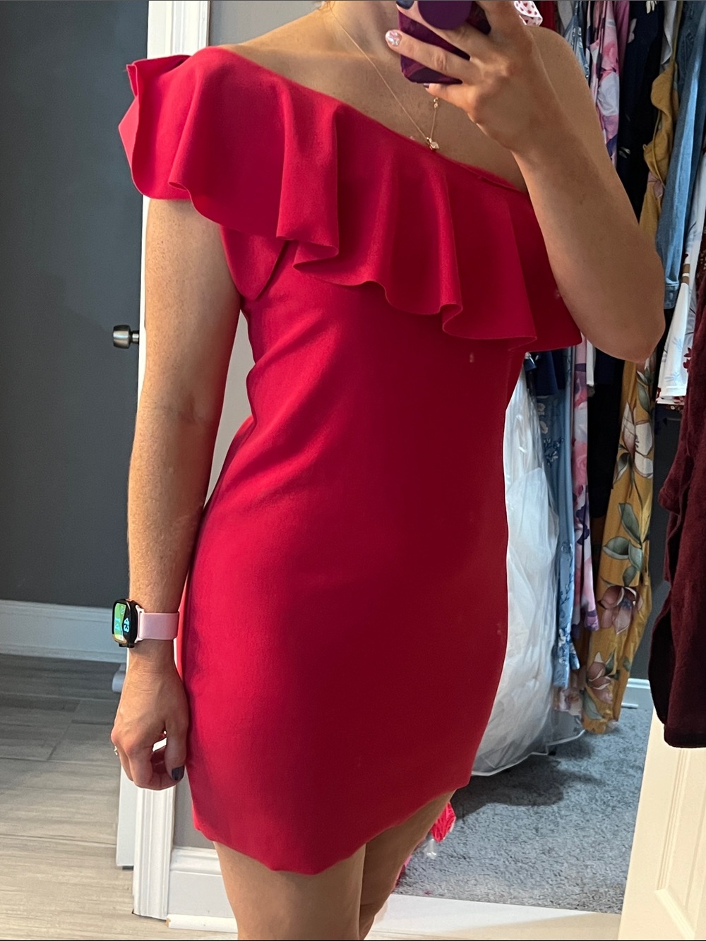 Women’s One-Shoulder Ruffle HotPink Dress